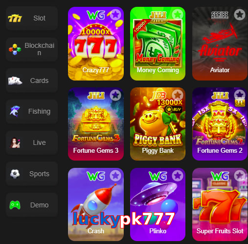 Main screen of Luckypk777 game page for PK players